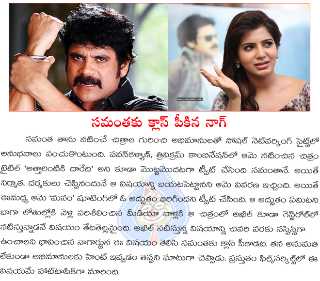 nagarjuna fire on samantha,samantha reveal akhils guest apperence in manam,manam shooting at coorg,nagachaitanya,samnath in manam  nagarjuna fire on samantha, samantha reveal akhils guest apperence in manam, manam shooting at coorg, nagachaitanya, samnath in manam